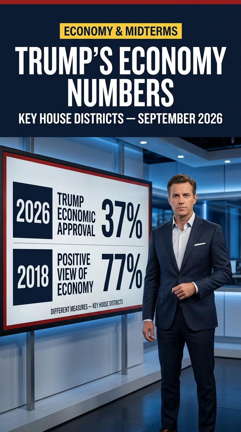News-style graphic about Trump's economy numbers and the 2026 midterms