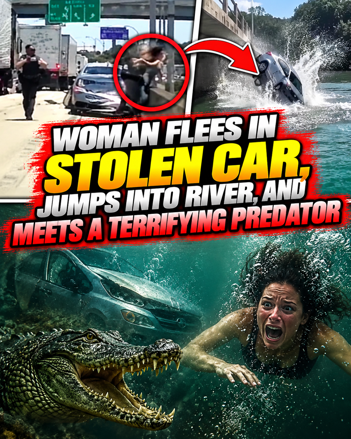 WOMAN FLEES IN STOLEN CAR, JUMPS INTO RIVER, AND MEETS A TERRIFYING PREDATOR