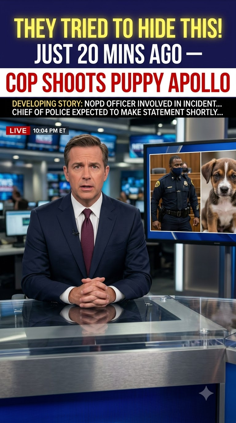 News-style graphic about New Orleans police officer shooting puppy Apollo