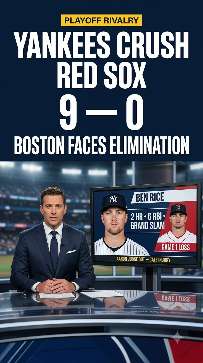 News-style graphic about the Yankees beating the Red Sox 9-0 in the 2026 playoffs