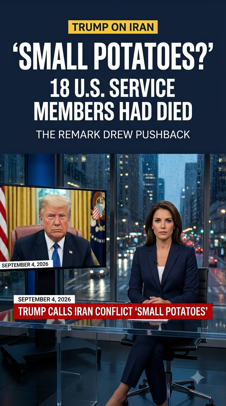 News-style graphic about Trump calling the Iran conflict small potatoes