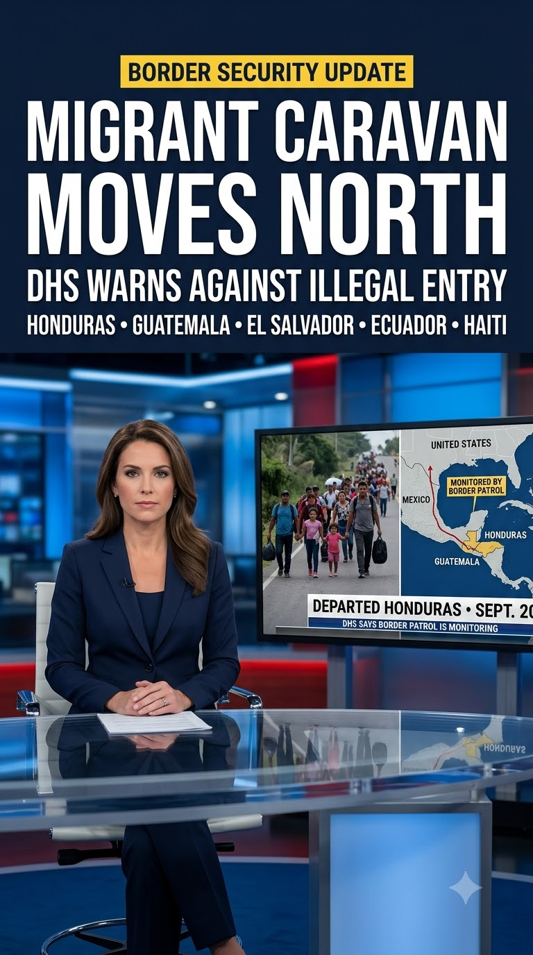 News-style graphic about a migrant caravan moving north from Honduras toward Mexico and potentially the United States