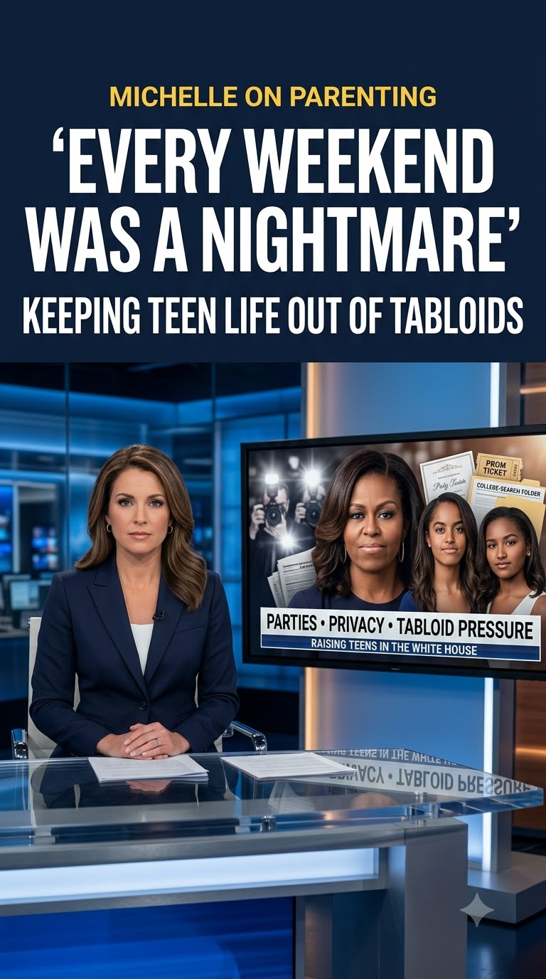 News-style graphic about Michelle Obama discussing the challenge of raising teenage daughters in the White House