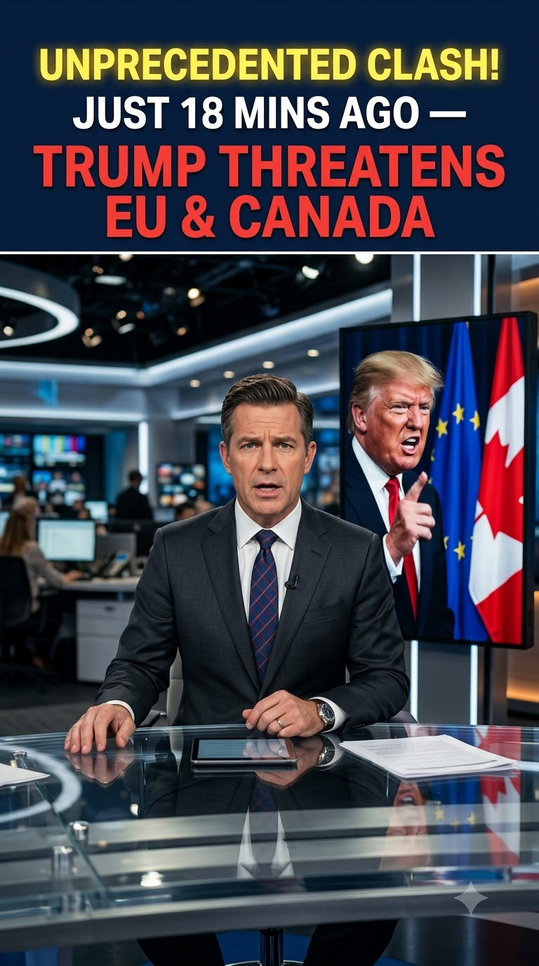 News-style graphic claiming Trump threatened the EU and Canada
