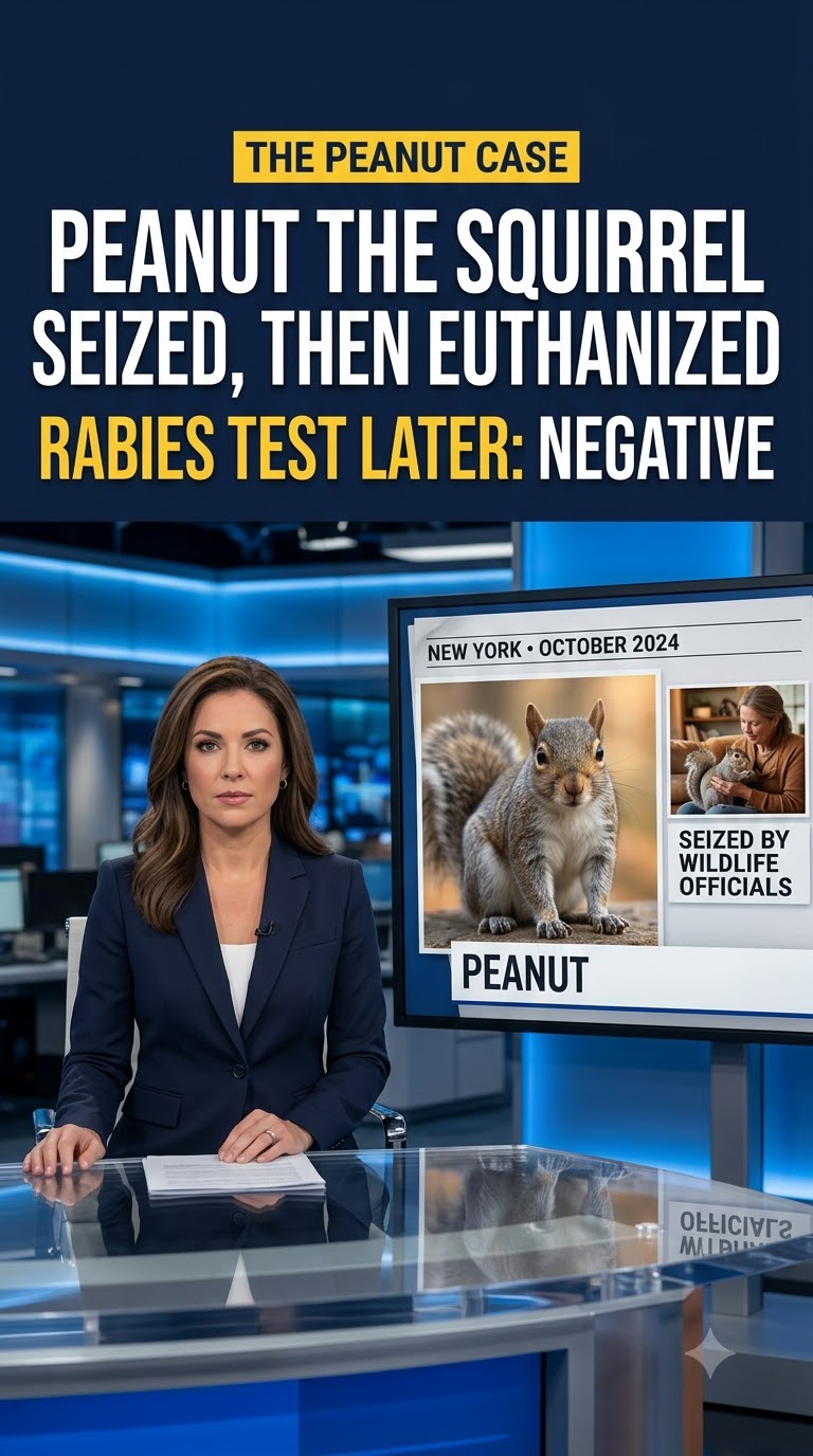 News-style graphic about Peanut the squirrel being seized and euthanized in New York