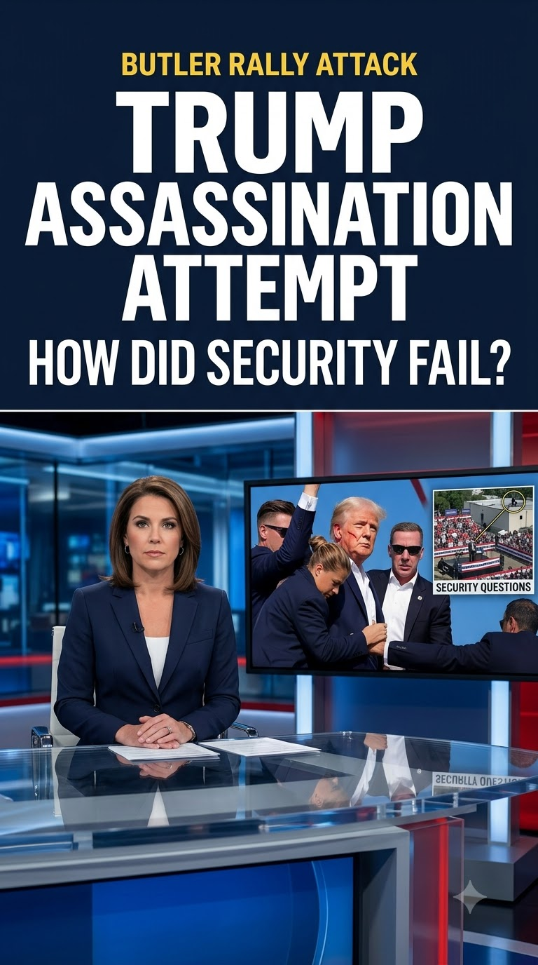 News-style graphic about the July 2024 assassination attempt on Donald Trump in Butler Pennsylvania