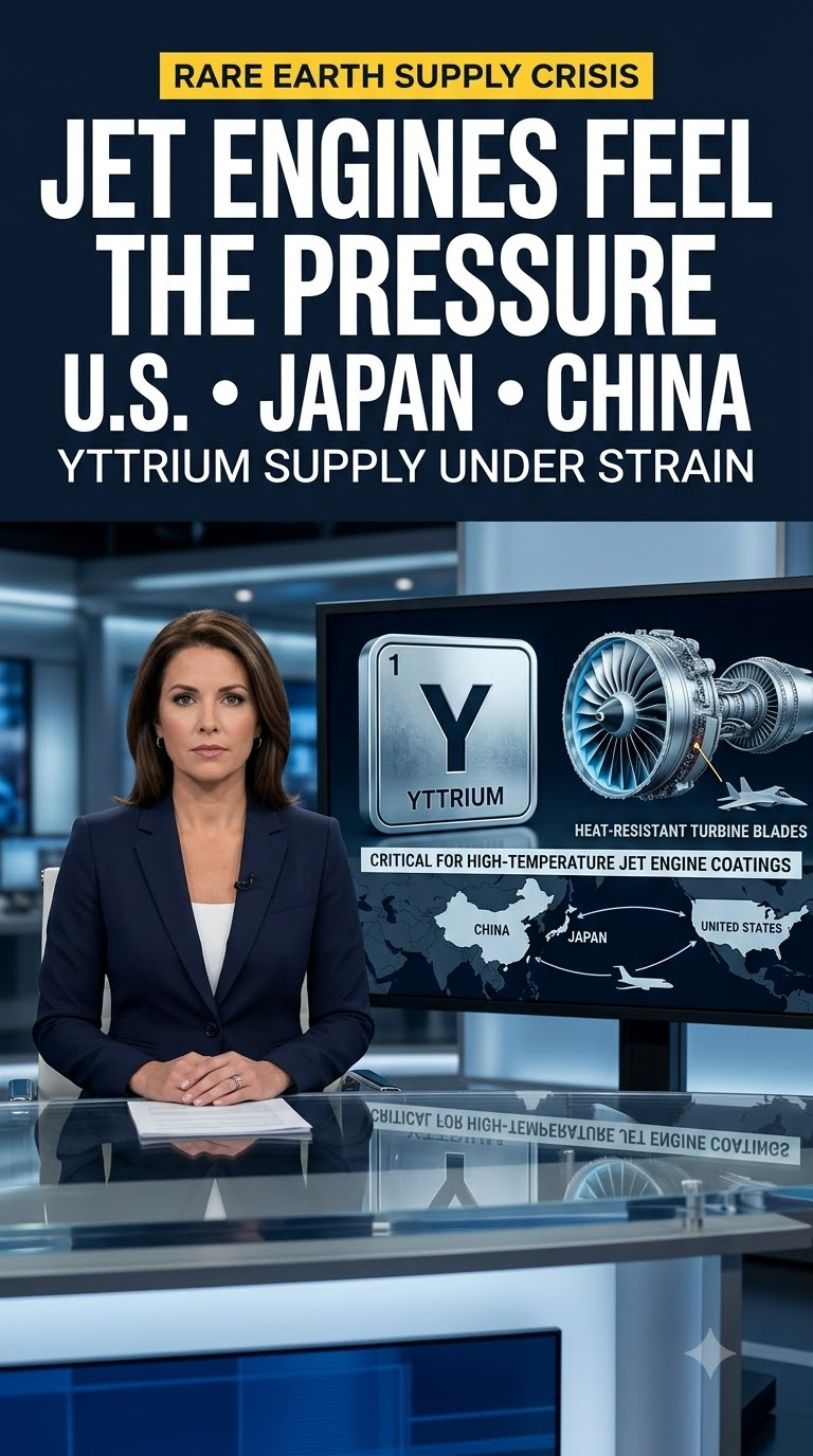 News-style graphic about yttrium supply pressure on jet engines in the U.S., Japan and China