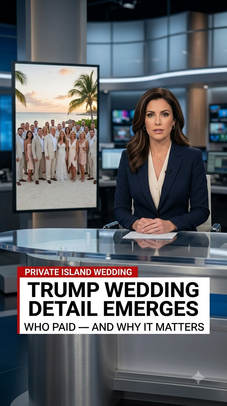 News-style illustration about Donald Trump Jr.'s private-island wedding celebrations and questions over who paid