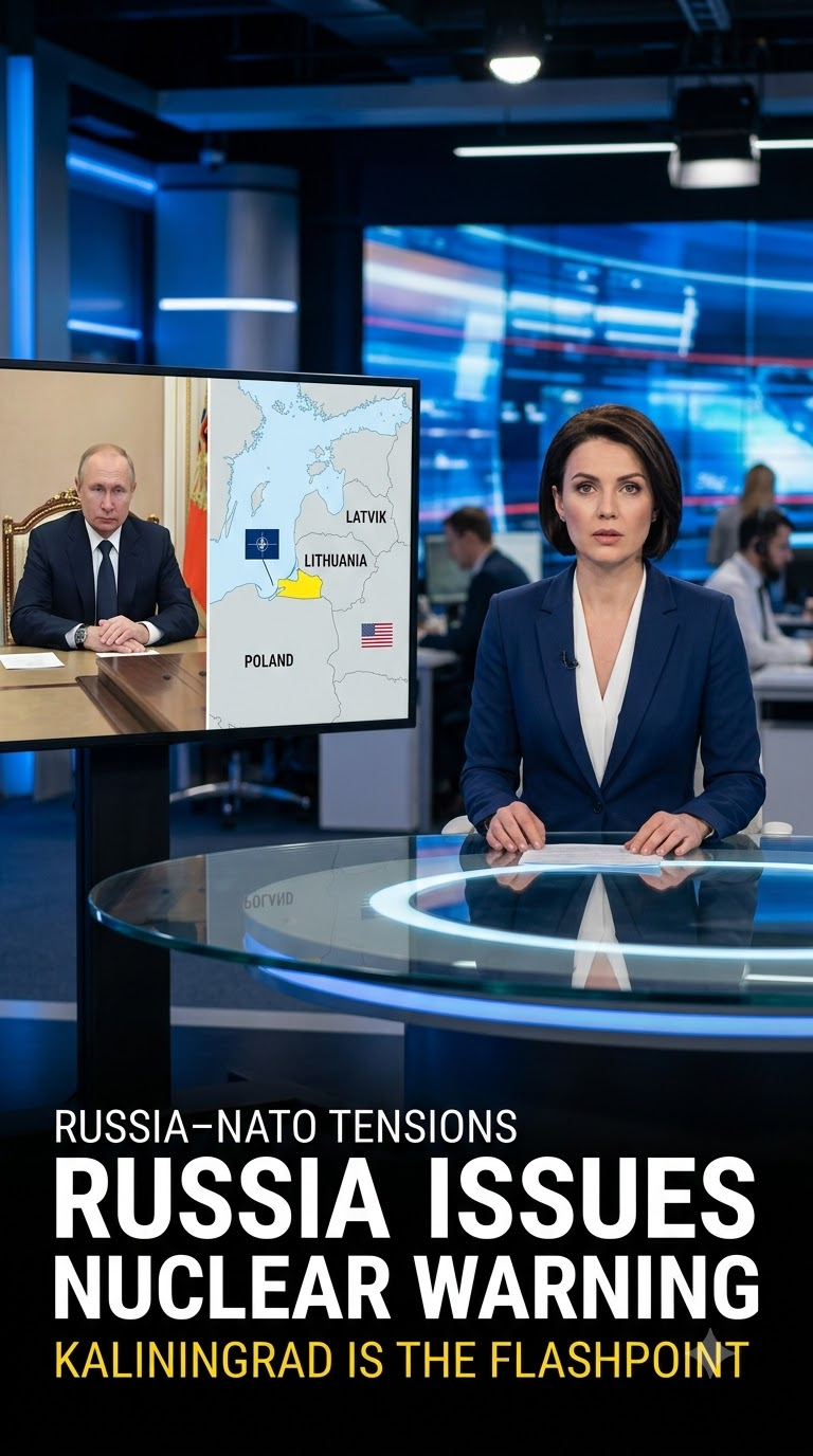 News-style illustration showing Vladimir Putin and a map of Kaliningrad between Poland and Lithuania