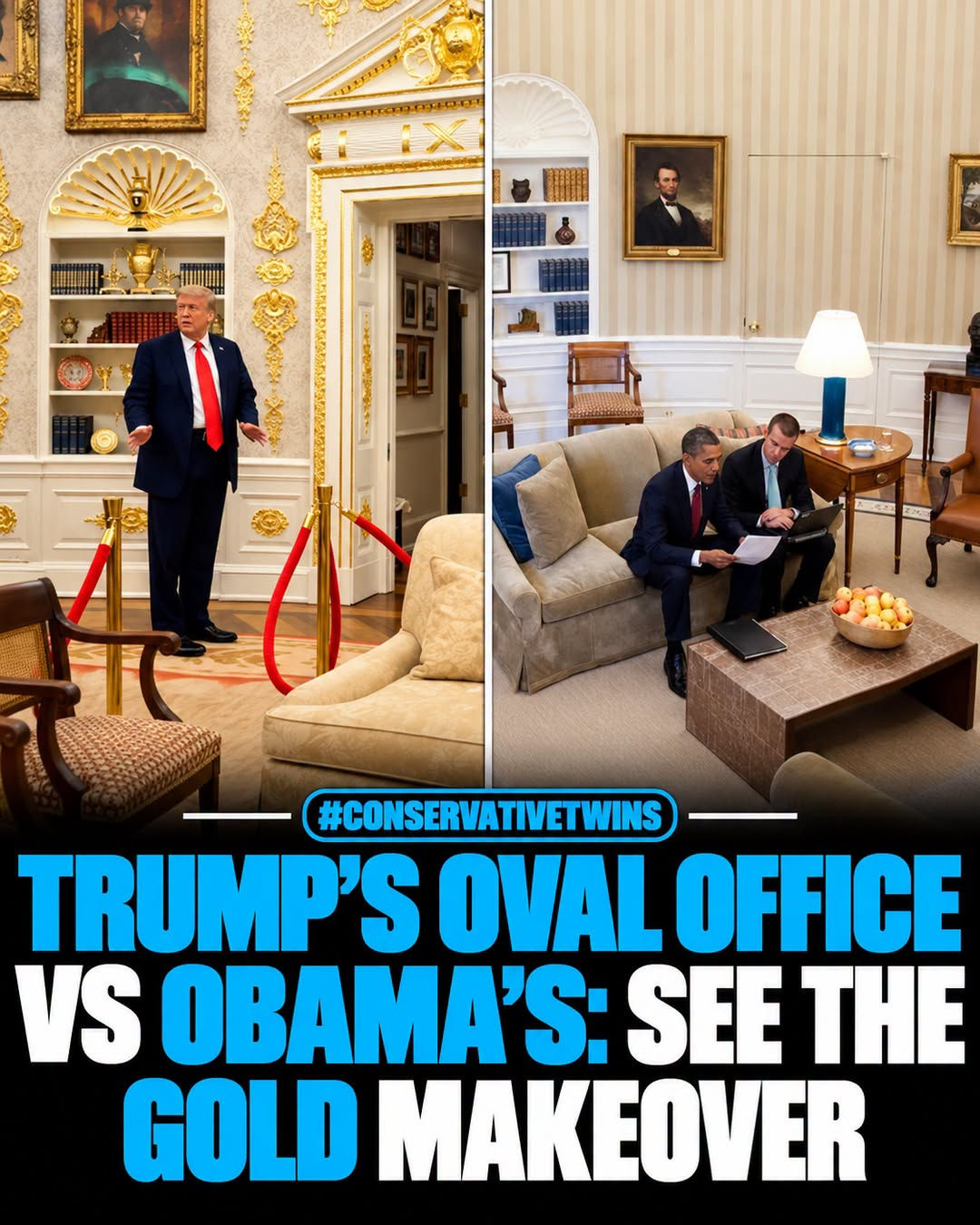 Supplied comparison graphic showing Trump in an ornate gold-decorated Oval Office and Obama seated in the Oval Office
